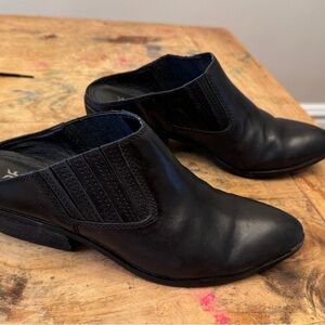 Frye Black Leather Mules with Elastic Panel